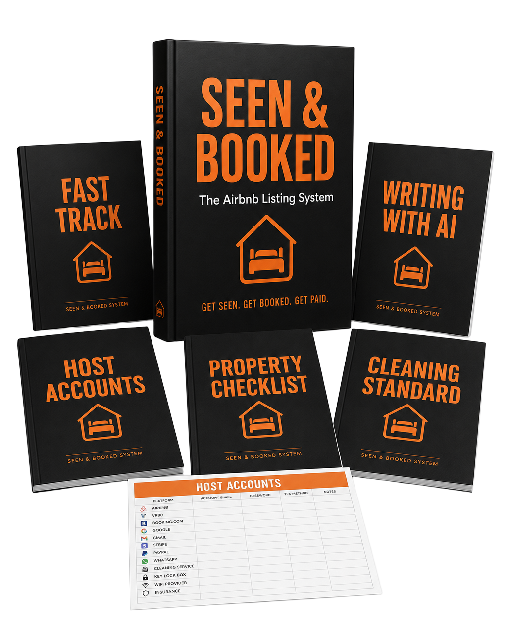 Seen & Booked bundle: the main Listing System book plus Fast Track, Writing With AI, Host Accounts spreadsheet, Property Checklist and Cleaning Standard bonuses